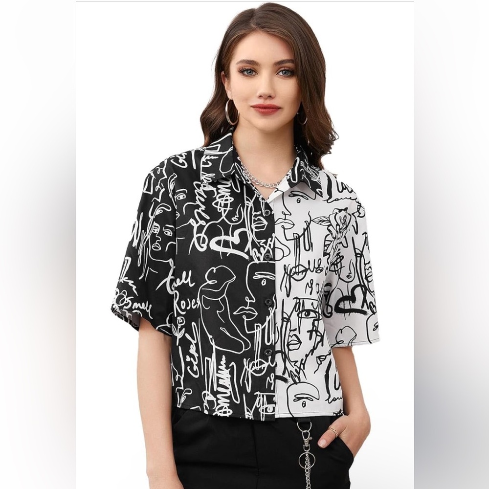 NWT No Label Size M Black and White Graphic Print Top